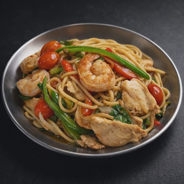 Stir-fried noodles with chicken, shrimp, green beans, and cherry tomatoes in a metal bowl.