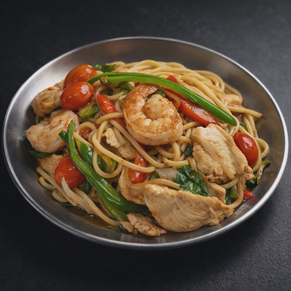 Stir-fried noodles with chicken, shrimp, green beans, and cherry tomatoes in a metal bowl.