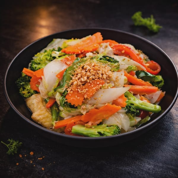 Stir-fried vegetables with broccoli, carrots, and onions, topped with crushed peanuts in a black bowl.