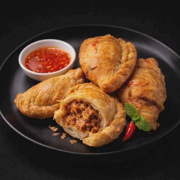 Four golden-brown curry puffs, one split open revealing a savory filling, with chili sauce and garnish.