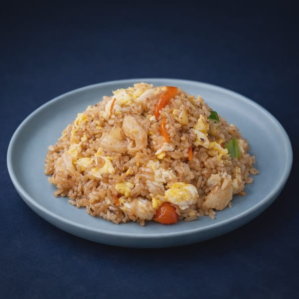 A light blue plate filled with fried rice, scrambled eggs, red peppers, and chicken.