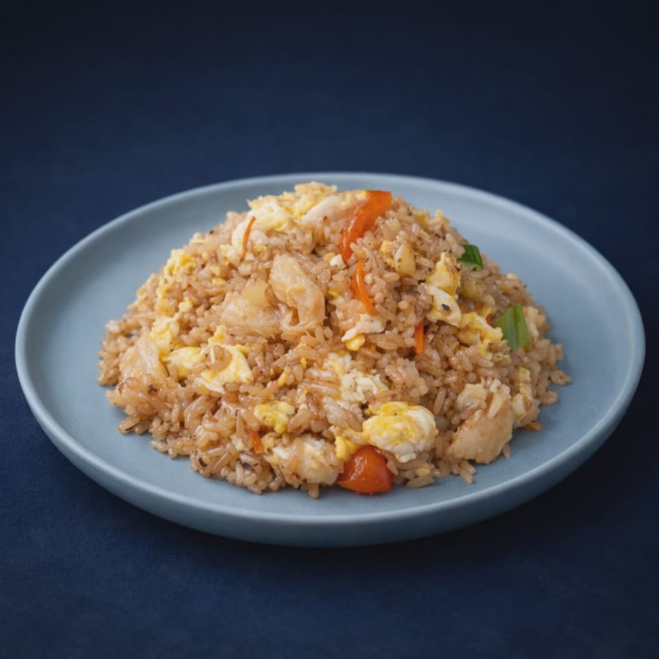 A light blue plate filled with fried rice, scrambled eggs, red peppers, and chicken.