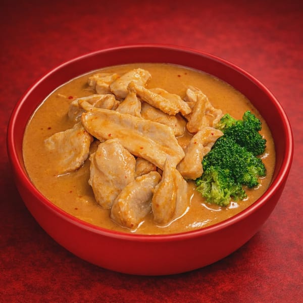 Chicken curry with broccoli in a red bowl on a red textured surface.