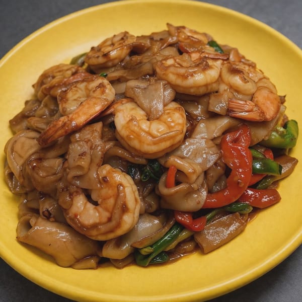 Shrimp Pad See Ew with wide rice noodles, red bell peppers, and green beans on a yellow plate.