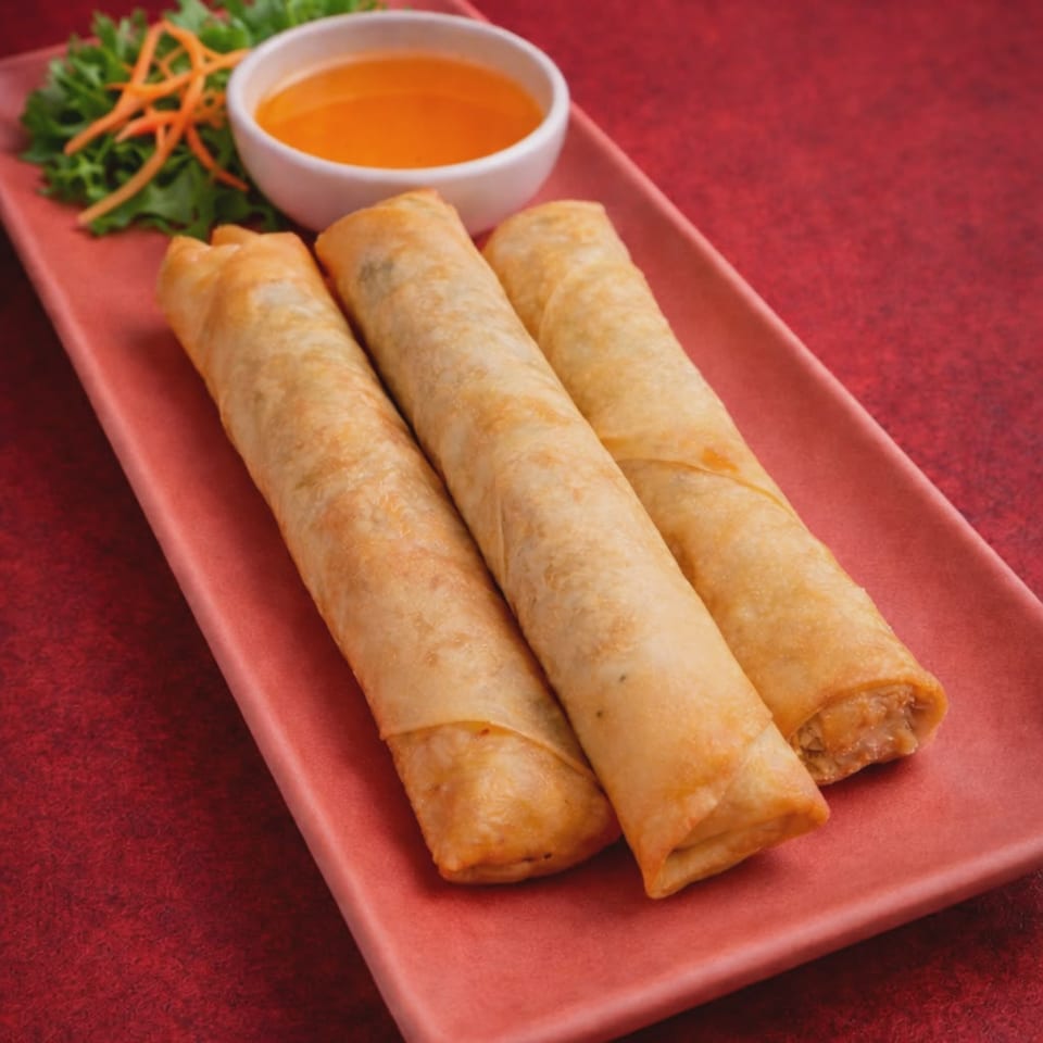 Three golden spring rolls on a pink plate with a side of orange dipping sauce and garnish.