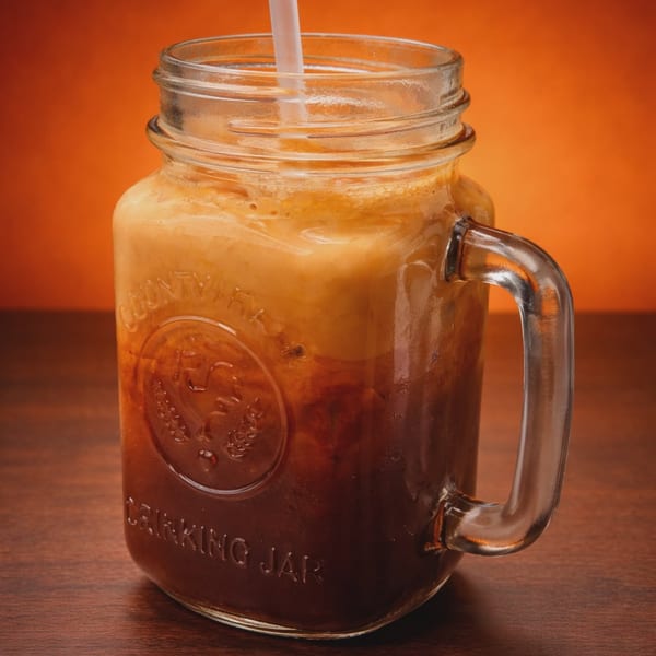 Iced Thai tea in a mason jar with a straw on a wooden table.