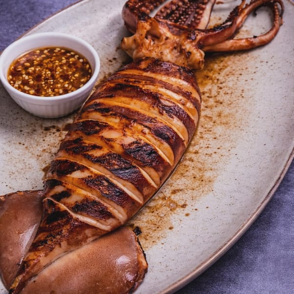 Grilled squid, scored and charred, with a side of chili dipping sauce on a rustic plate.