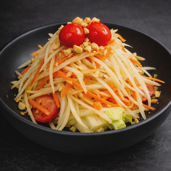 Som Tum, a Thai green papaya salad, with tomatoes, peanuts, and shredded carrots in a black bowl.