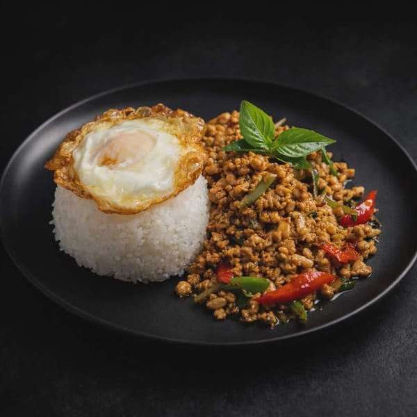 Thai basil chicken with rice and a fried egg on a black plate.