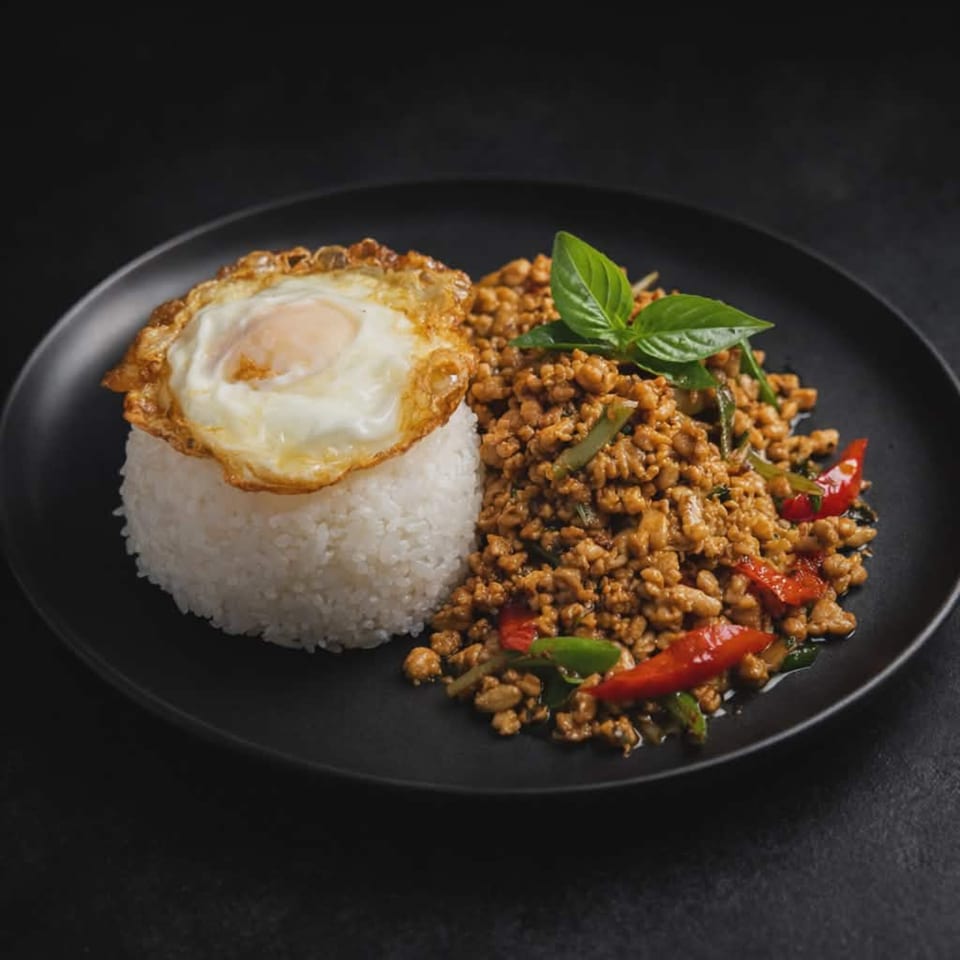 Thai basil chicken with rice and a fried egg on a black plate.