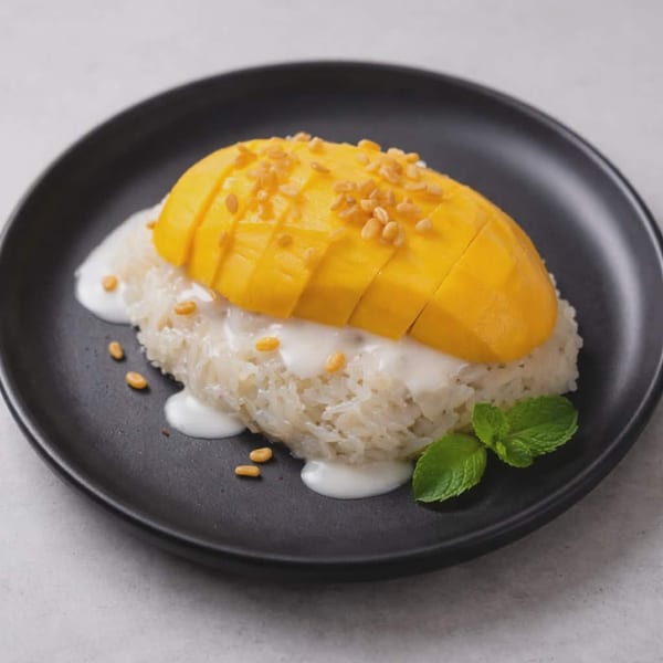 Mango sticky rice dessert with coconut milk, toasted sesame seeds, and mint on a black plate.