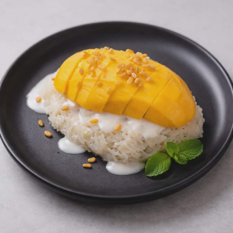 Mango sticky rice dessert with coconut milk, toasted sesame seeds, and mint on a black plate.