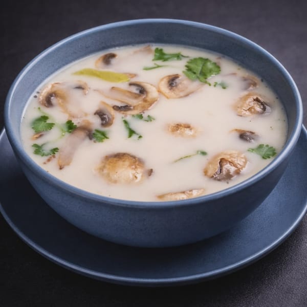 Creamy mushroom soup with cilantro and green onions in a blue bowl on a dark surface.