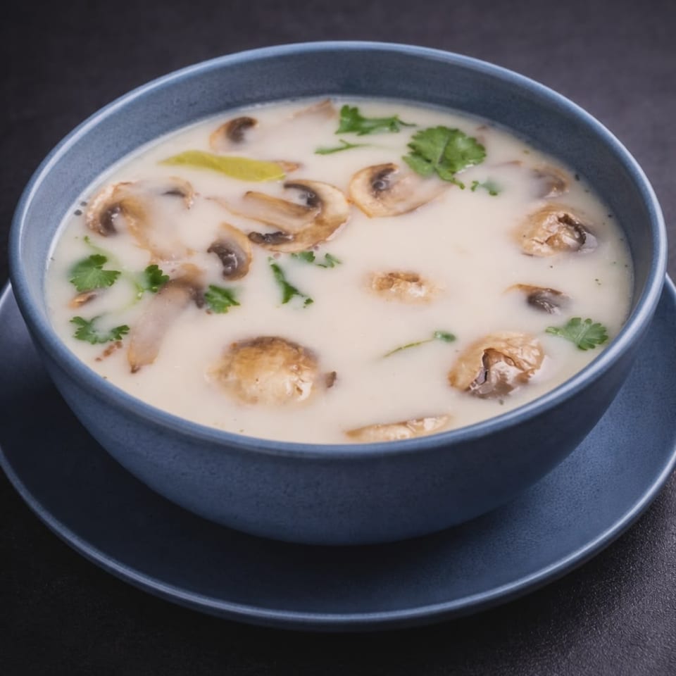 Creamy mushroom soup with cilantro and green onions in a blue bowl on a dark surface.